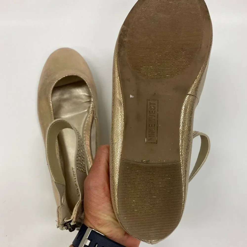 NINE West Faye 2 Gold Ankle Strap Ballet Flats‎